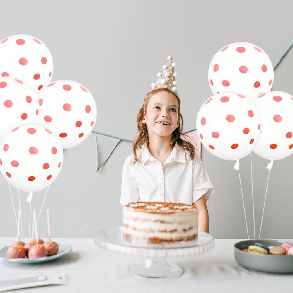 Set 10 Baloane din Latex, Vivimall, Model Party cu Buline, 30 cm, Alb si Rosu, 2.8 g