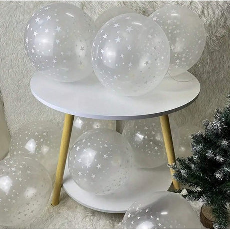 Set 10 Baloane din Latex Transparente, Vivimall, Model Party, 30 cm, Stelute Albe, 2.8 g