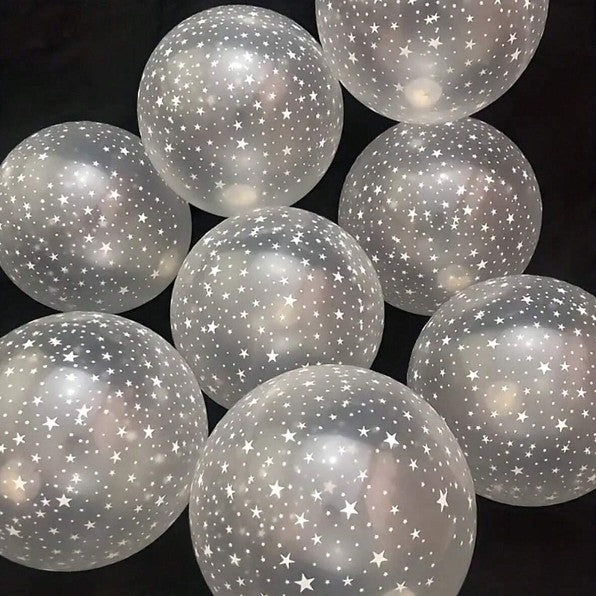 Set 10 Baloane din Latex Transparente, Vivimall, Model Party, 30 cm, Stelute Albe, 2.8 g