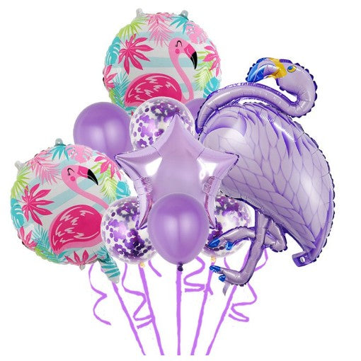 Set Baloane Party Aniversare, Din Folie De Aluminiu Si Latex, Set Din 10 Baloane Flamigo Party, 1 Stea, 5 Baloane Latex, 2 Rotunde,