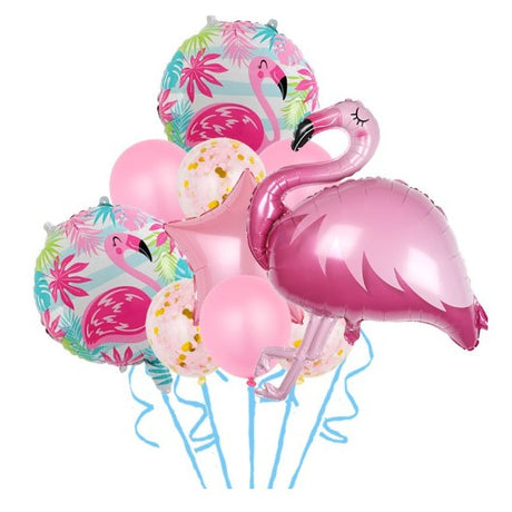 Set Baloane Party Aniversare, Din Folie De Aluminiu Si Latex, Set Din 10 Baloane Flamigo Party, 1 Stea, 5 Baloane Latex, 2 Rotunde, 60 -90 Cm, Rose - vivimall.ro