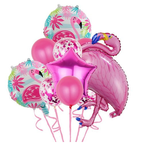 Set Baloane Party Aniversare, Din Folie De Aluminiu Si Latex, Set Din 10 Baloane Flamigo Party, 1 Stea, 5 Baloane Latex, 2 Rotunde,