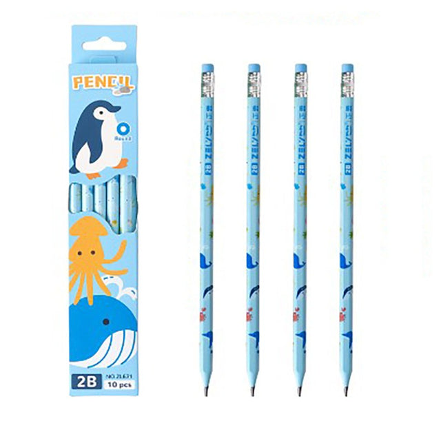 Set 10 Creioane Negre, Vivimall, 2B, pentru Elevi Scoala, cu Radiera, Model Albastru cu Pinguini - vivimall.ro