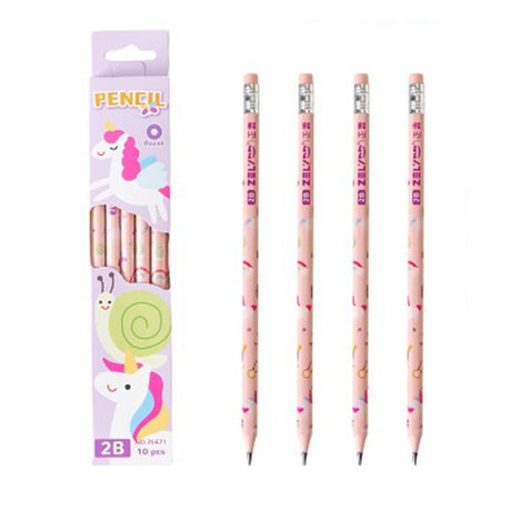 Set 10 Creioane Negre, Vivimall, 2B, pentru Elevi Scoala, cu Radiera, Model Roz cu Unicorni - vivimall.ro