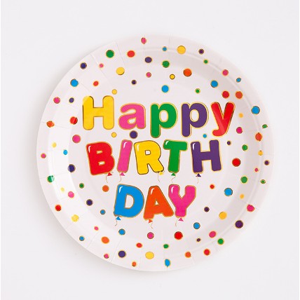 Set 10 Farfurii Unica Folosinta, Imprimeu Happy Birthday, Din Carton, Diametru 23 Cm - vivimall.ro