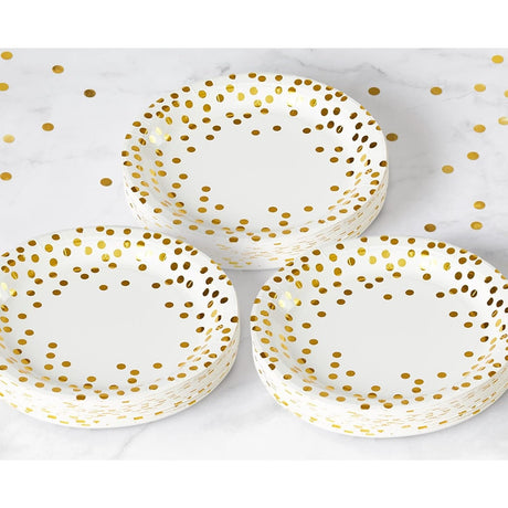 Set 10 Farfurii Unica Folosinta, Flippy, Imprimeu cu Buline, din Carton, Diametru 18 cm, Alb/Auriu