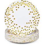 Set 10 Farfurii Unica Folosinta, Flippy, Imprimeu cu Buline, din Carton, Diametru 18 cm, Alb/Auriu