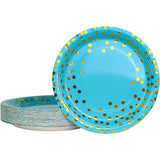 Set 10 Farfurii Unica Folosinta, Flippy, Imprimeu cu Buline, din Carton, Diametru 18 cm, Albastru/Auriu