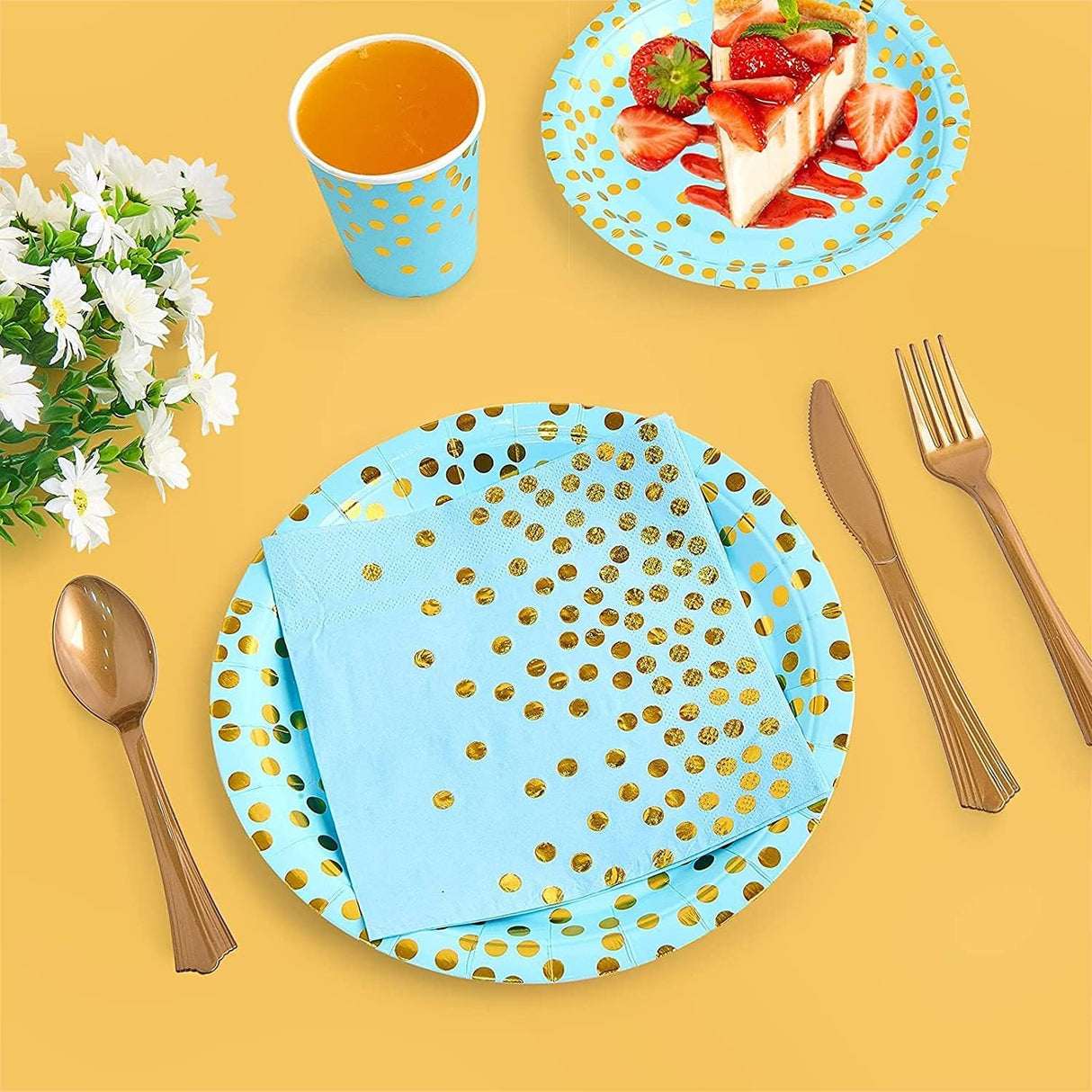 Set 10 Farfurii Unica Folosinta, Imprimeu Cu Buline, Din Carton, Diametru 18 Cm, /Auriu - vivimall.ro