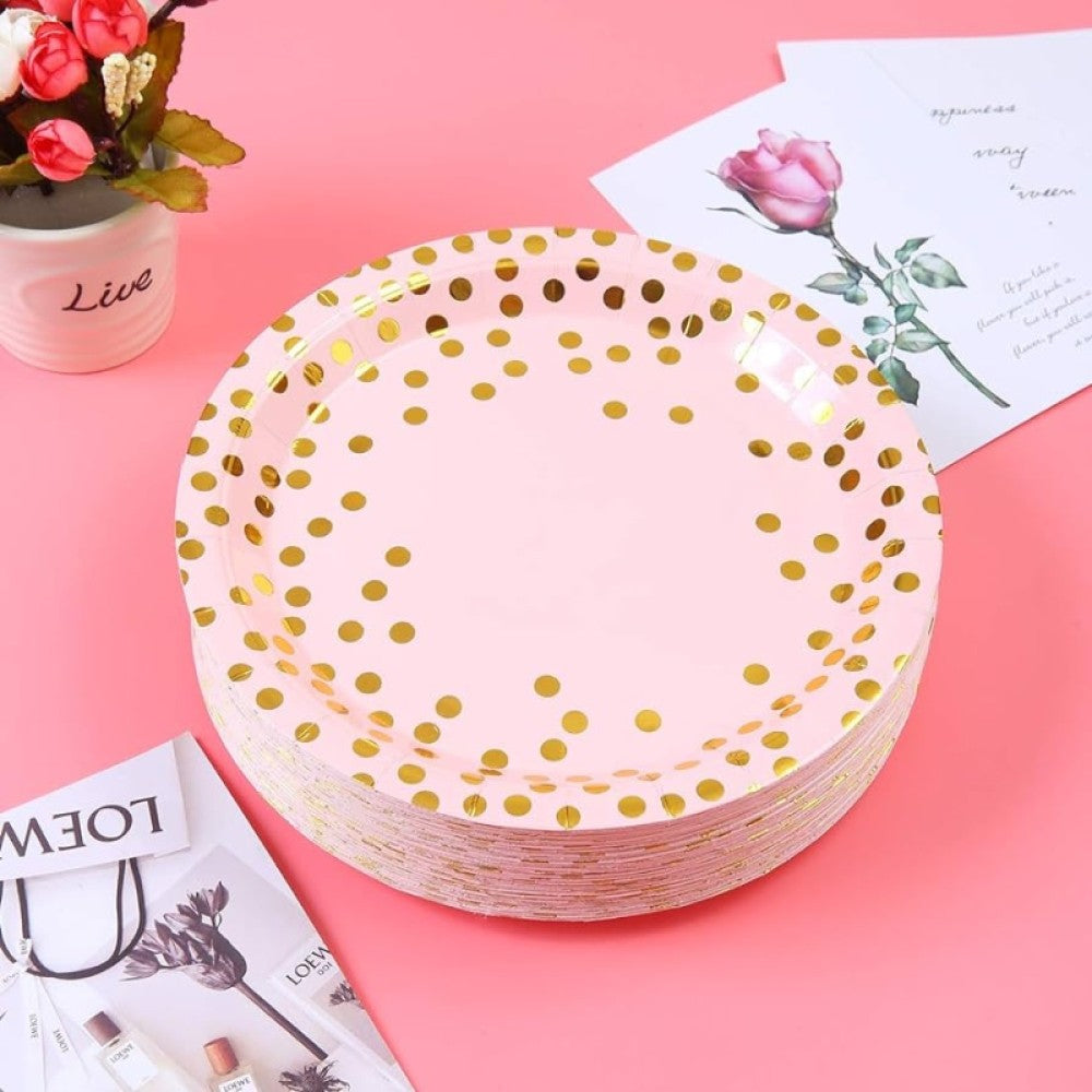 Set 10 Farfurii Unica Folosinta, Imprimeu Cu Buline, Din Carton, Diametru 18 Cm, Roz/ - vivimall.ro