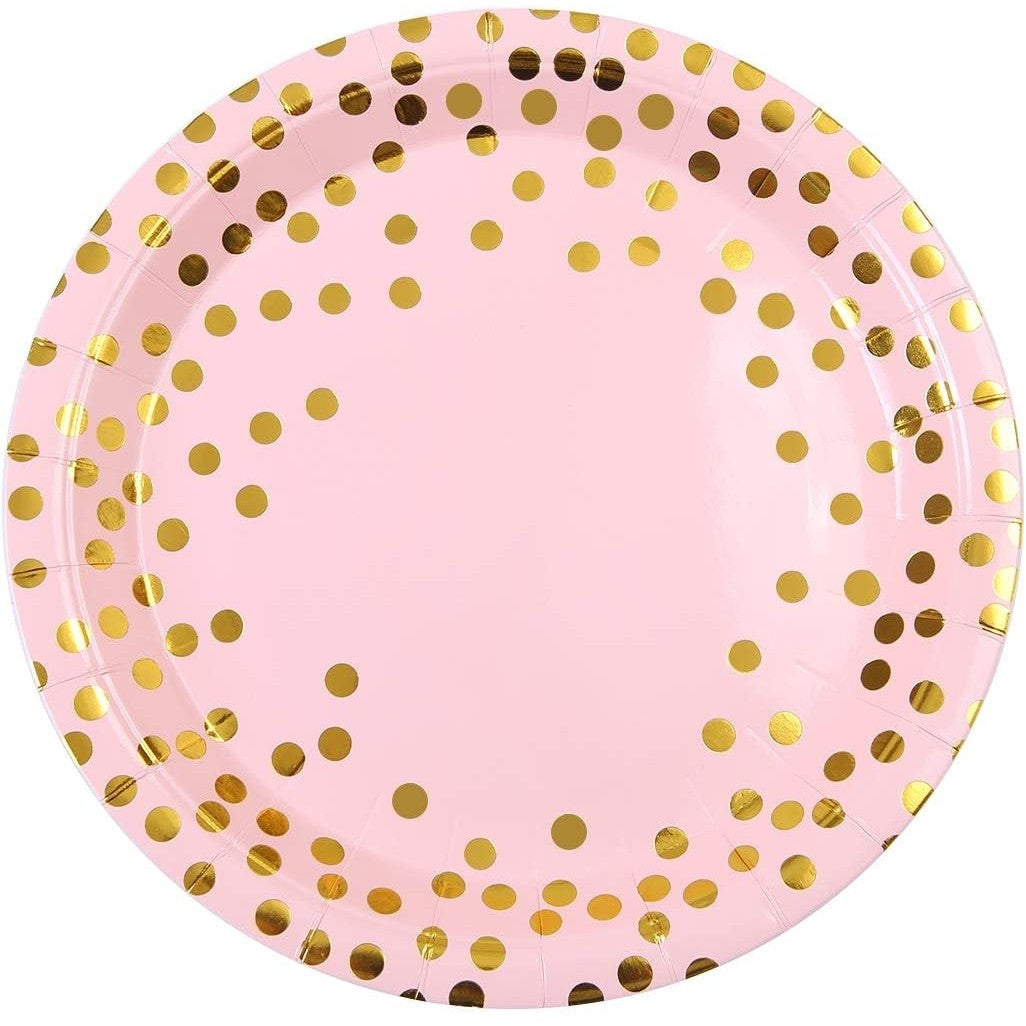 Set 10 Farfurii Unica Folosinta, Flippy, Imprimeu cu Buline, din Carton, Diametru 18 cm, Roz/Auriu