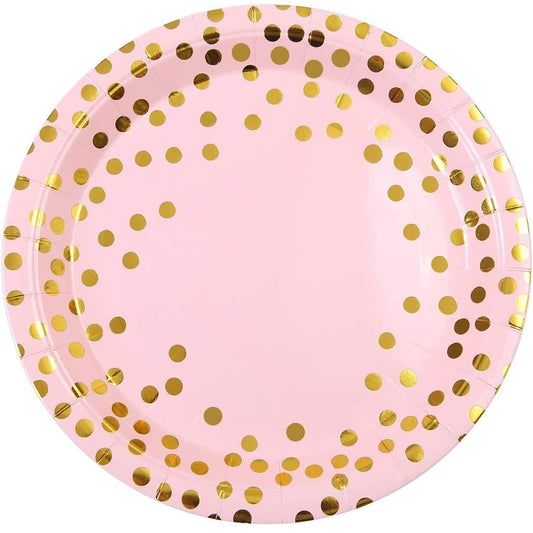 Set 10 Farfurii Unica Folosinta, Flippy, Imprimeu cu Buline, din Carton, Diametru 18 cm, Roz/Auriu