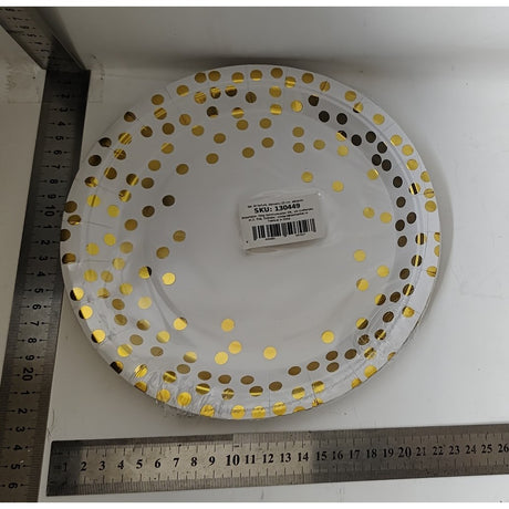 Set 10 Farfurii Unica Folosinta, Flippy, Imprimeu cu Buline, din Carton, Diametru 23 cm, Alb/Auriu