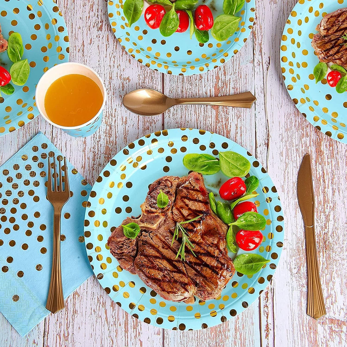 Set 10 Farfurii Unica Folosinta, Flippy, Imprimeu cu Buline, din Carton, Diametru 23 cm, Albastru/Auriu