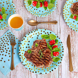 Set 10 Farfurii Unica Folosinta, Flippy, Imprimeu cu Buline, din Carton, Diametru 23 cm, Albastru/Auriu