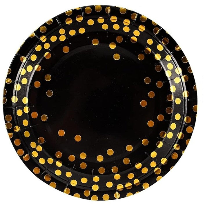 Set 10 Farfurii Unica Folosinta, Flippy, Imprimeu cu Buline, din Carton, Diametru 23 cm, Negru/Auriu