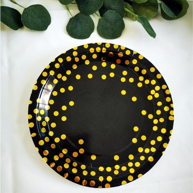 Set 10 Farfurii Unica Folosinta, Imprimeu Cu Buline, Din Carton, Diametru 23 Cm, Negru/ - vivimall.ro