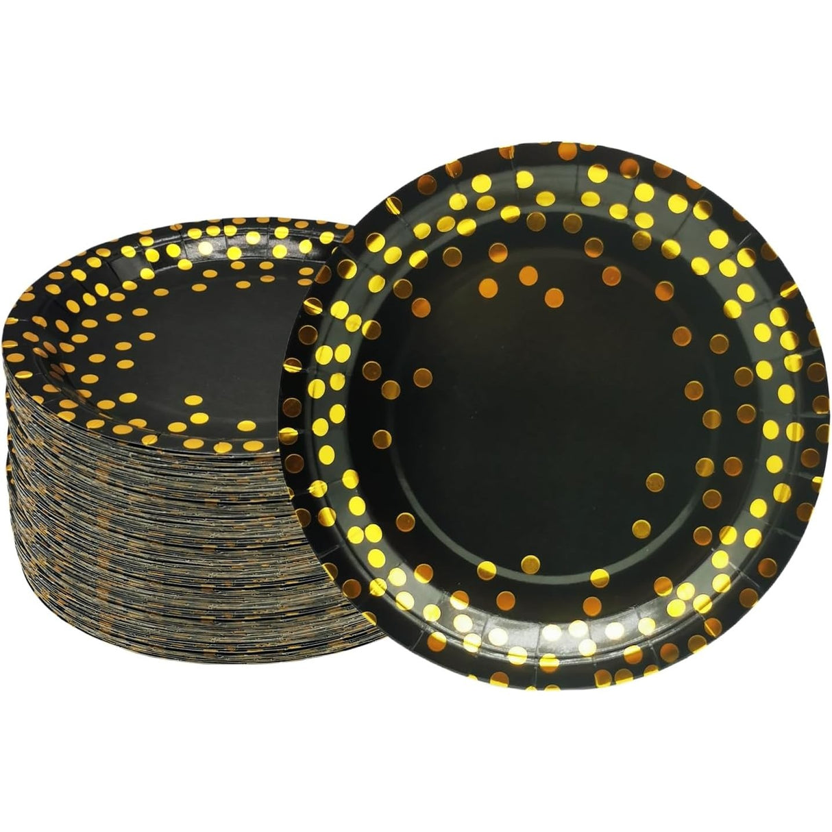 Set 10 Farfurii Unica Folosinta, Flippy, Imprimeu cu Buline, din Carton, Diametru 23 cm, Negru/Auriu