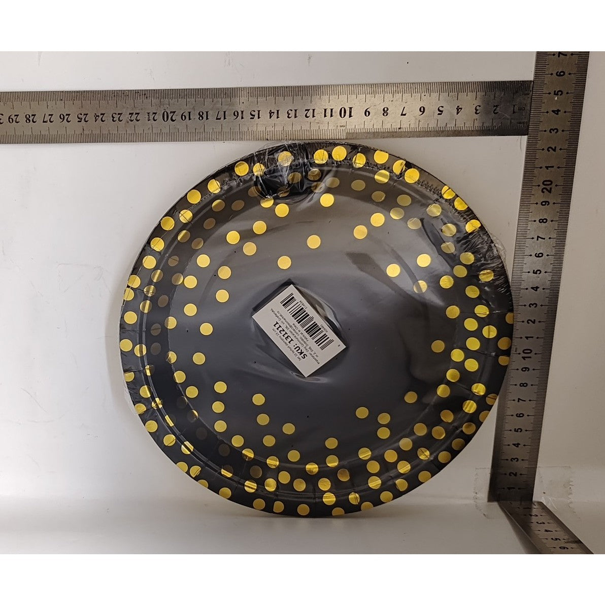 Set 10 Farfurii Unica Folosinta, Flippy, Imprimeu cu Buline, din Carton, Diametru 23 cm, Negru/Auriu