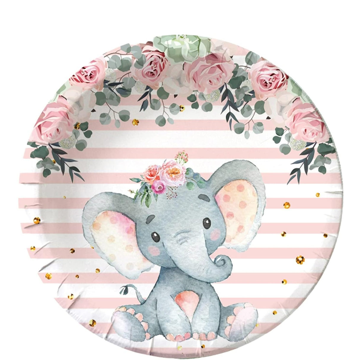 Set 10 Farfurii Unica Folosinta, Flippy, Imprimeu Elefant, din Carton, 17 cm, Roz