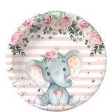 Set 10 Farfurii Unica Folosinta, Flippy, Imprimeu Elefant, din Carton, 17 cm, Roz