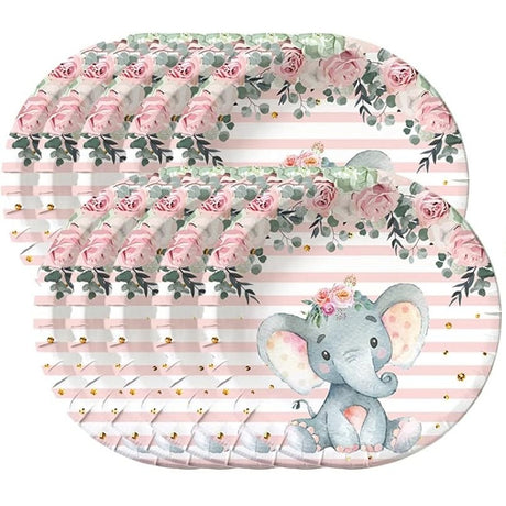 Set 10 Farfurii Unica Folosinta, Flippy, Imprimeu Elefant, din Carton, 22 cm, Roz