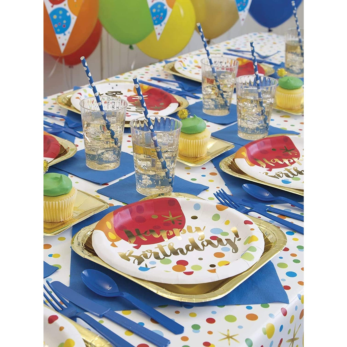Set 10 Farfurii Unica Folosinta, Flippy, Imprimeu Happy Birthday Buline, din Carton, Diametru 18 cm, Multicolor