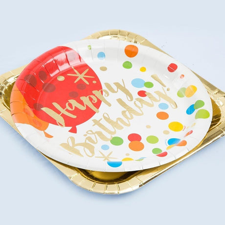 Set 10 Farfurii Unica Folosinta, Imprimeu Happy Birthday Buline, Din Carton, Diametru 18 Cm - vivimall.ro