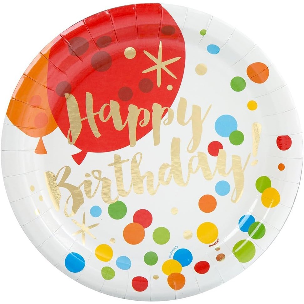 Set 10 Farfurii Unica Folosinta, Flippy, Imprimeu Happy Birthday Buline, din Carton, Diametru 18 cm, Multicolor