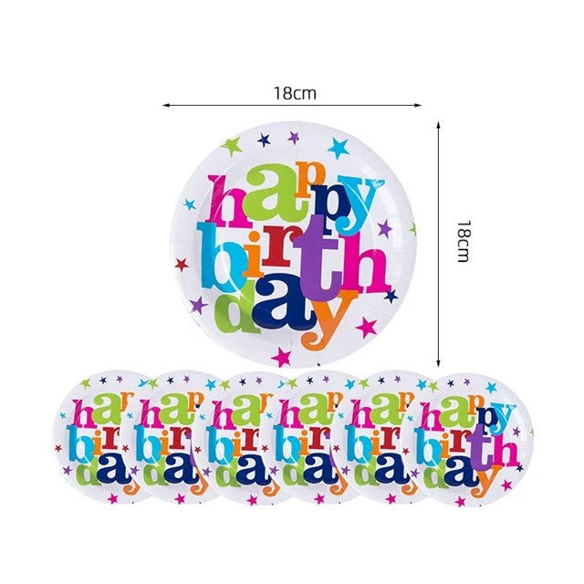 Set 6 Farfurii Unica Folosinta, Imprimeu Happy Birthday, Din Carton, Diametru 18 Cm - vivimall.ro
