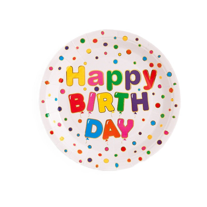 Set 10 Farfurii Unica Folosinta, Imprimeu Happy Birthday, Din Carton, Diametru 23 Cm - vivimall.ro