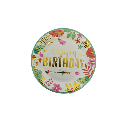 Set 10 Farfurii Unica Folosinta, Flippy, Imprimeu Happy Birthday Frunze, din Carton, Diametru 18 cm, Multicolor
