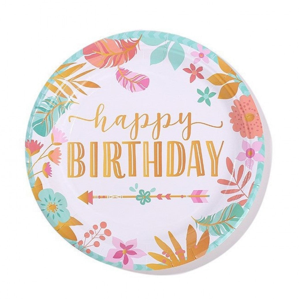 Set 10 Farfurii Unica Folosinta, Imprimeu Happy Birthday Frunze, Din Carton, Diametru 18 Cm - vivimall.ro