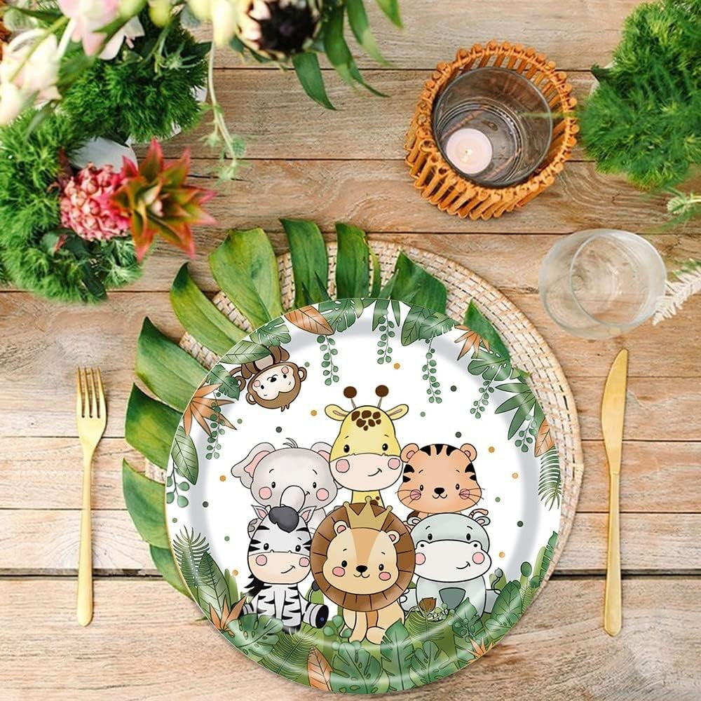 Set 10 Farfurii Unica Folosinta, Flippy, Imprimeu Jungle, din Carton, 17 cm, Verde