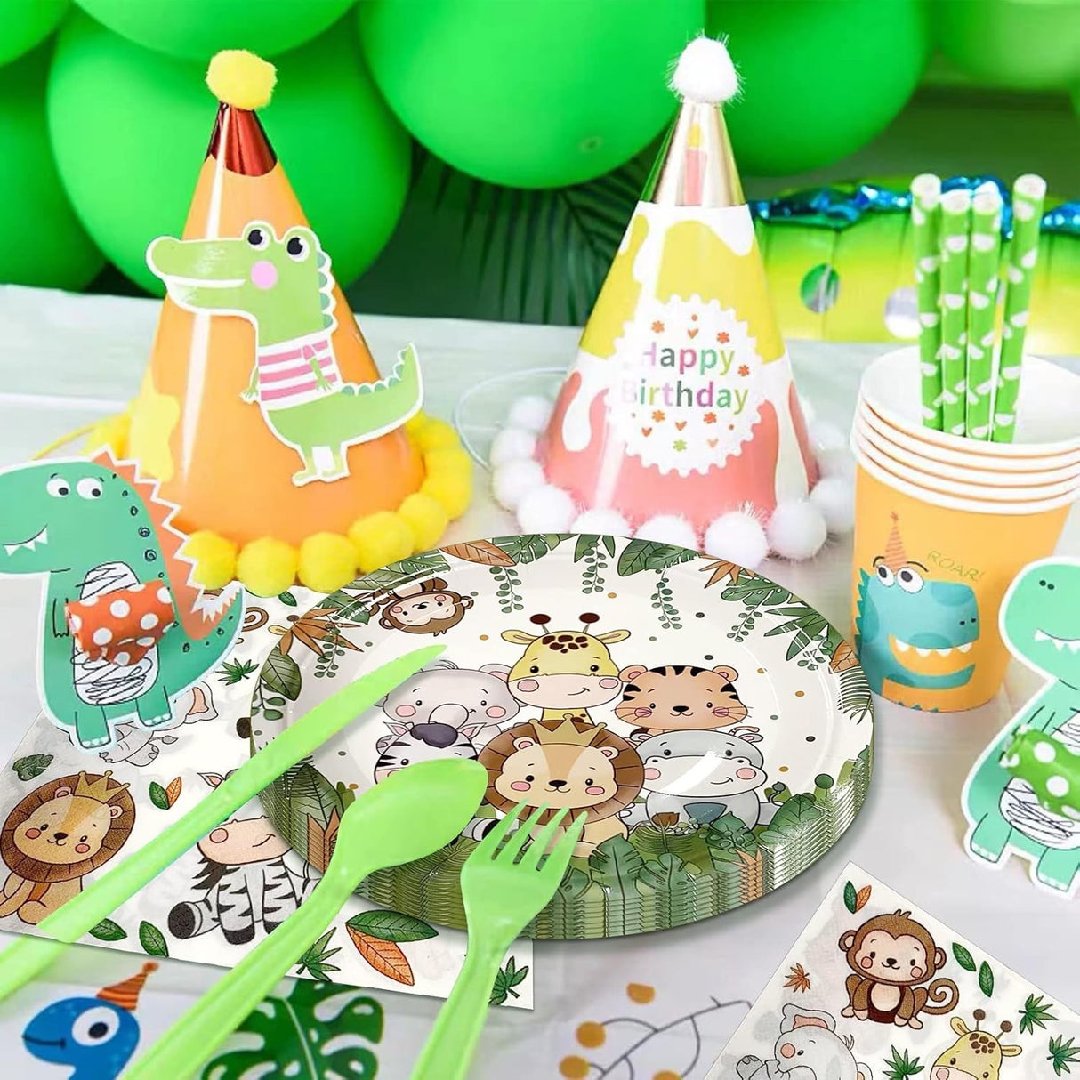 Set 10 Farfurii Unica Folosinta, Flippy, Imprimeu Jungle, din Carton, 17 cm, Verde