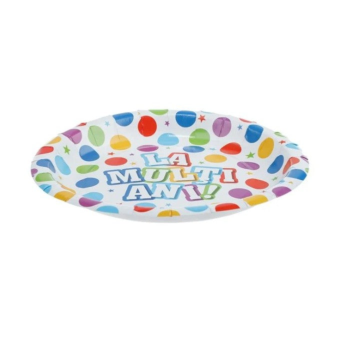 Set 10 Farfurii Unica Folosinta, Flippy, Imprimeu La Multi Ani, din Carton, Diametru 17 cm, Multicolor