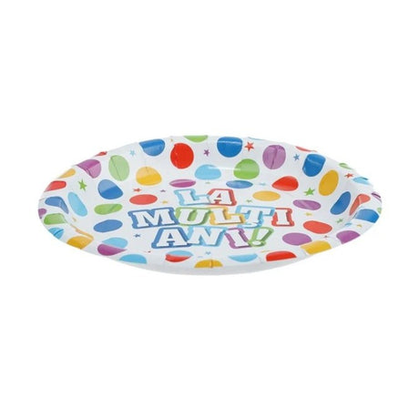 Set 10 Farfurii Unica Folosinta, Flippy, Imprimeu La Multi Ani, din Carton, Diametru 17 cm, Multicolor