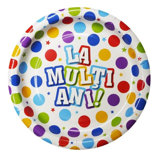 Set 10 Farfurii Unica Folosinta, Flippy, Imprimeu La Multi Ani, din Carton, Diametru 17 cm, Multicolor