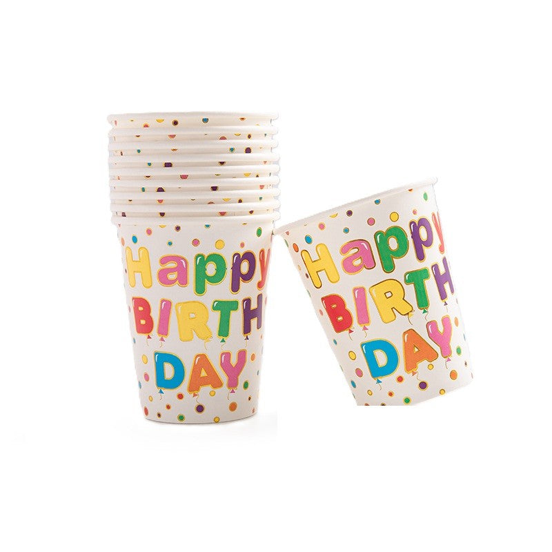 Set 10 Pahare, Imprimeu Happy Birthday, Din Carton, 250 Ml
