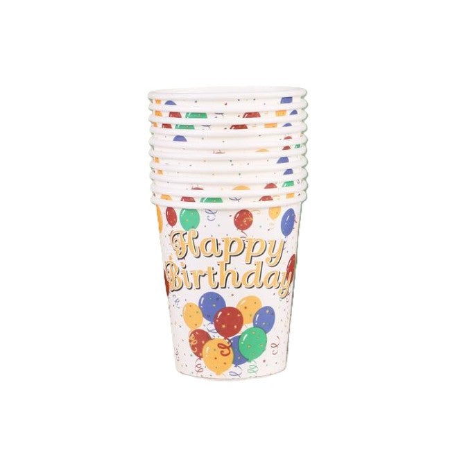 Set 10 Pahare, Imprimeu Happy Birthday, Baloane Din Carton, 230 Ml