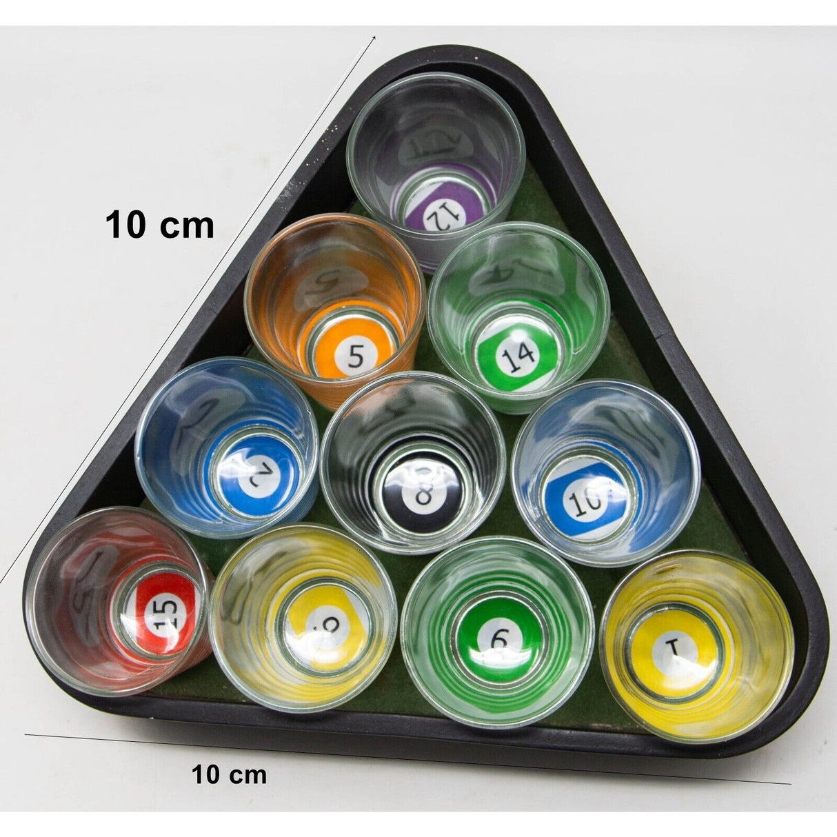 Set 10 pahare de shot Vivimall, cu Suport de Biliard, 30 ml, din sticla, 10 x 10 cm, multicolor - vivimall.ro