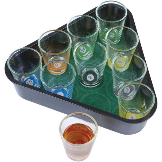 Set 10 pahare de shot Vivimall, cu Suport de Biliard, 30 ml, din sticla, 10 x 10 cm, multicolor - vivimall.ro
