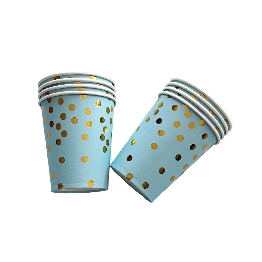 Set 10 Pahare, Flippy, Imprimeu cu Buline, din Carton, 250 ml, 7.5 x 8.5 x 5.2 cm, Albastru/Auriu