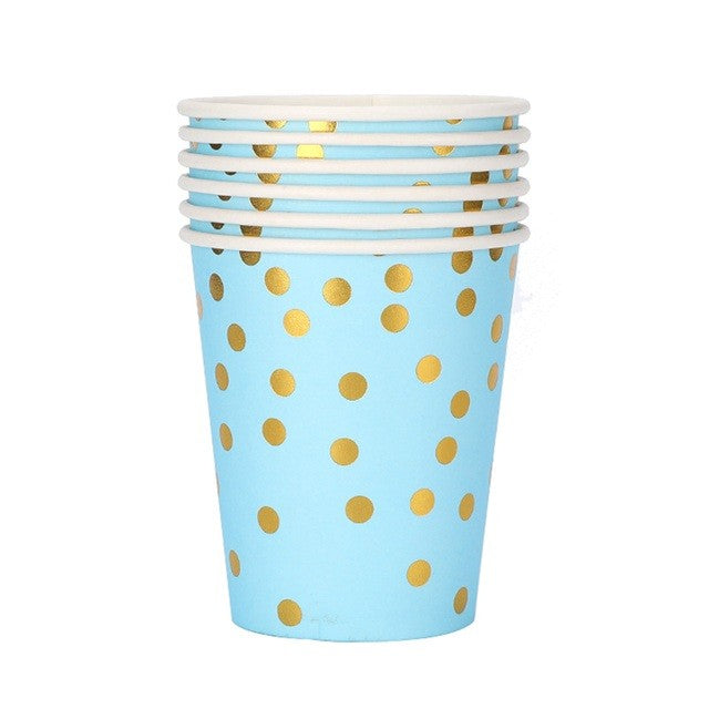 Set 10 Pahare, Flippy, Imprimeu cu Buline, din Carton, 250 ml, 7.5 x 8.5 x 5.2 cm, Albastru/Auriu