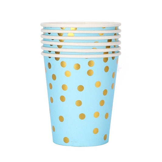 Set 10 Pahare, Flippy, Imprimeu cu Buline, din Carton, 250 ml, 7.5 x 8.5 x 5.2 cm, Albastru/Auriu