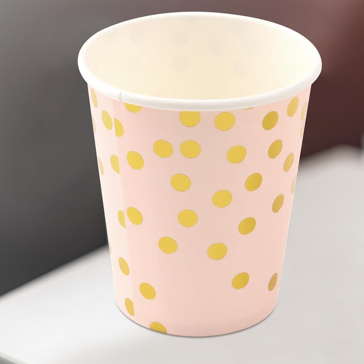 Set 10 Pahare, Flippy, Imprimeu cu Buline, din Carton, 250 ml, 7.5 x 8.5 x 5.2 cm, Roz/Auriu