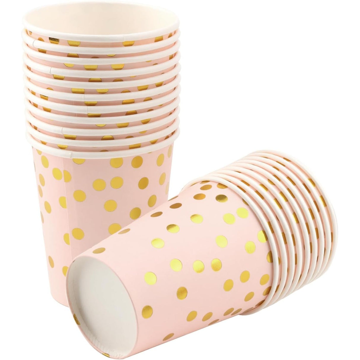 Set 10 Pahare, Flippy, Imprimeu cu Buline, din Carton, 250 ml, 7.5 x 8.5 x 5.2 cm, Roz/Auriu