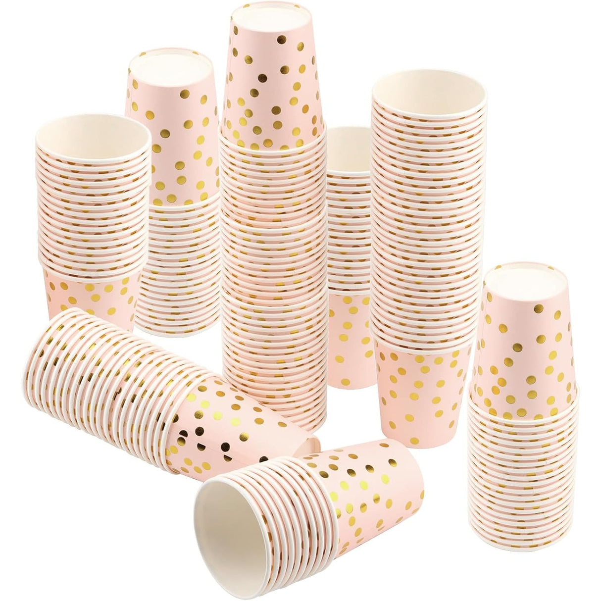 Set 10 Pahare, Flippy, Imprimeu cu Buline, din Carton, 250 ml, 7.5 x 8.5 x 5.2 cm, Roz/Auriu