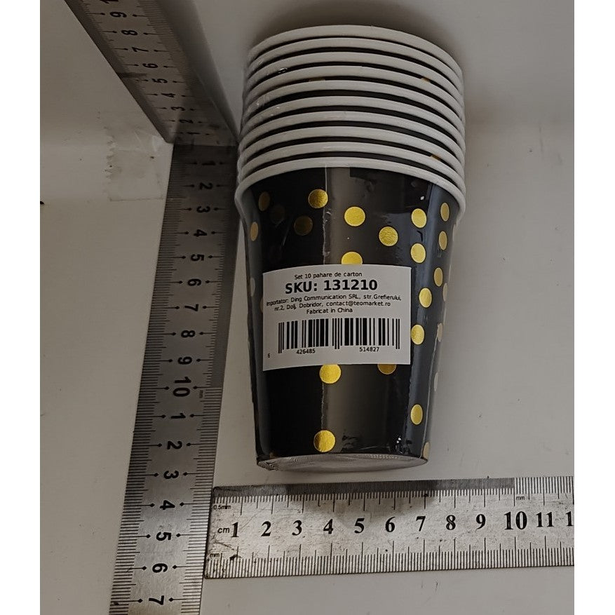 Set 10 Pahare, Flippy, Imprimeu cu Buline, din Carton, 250 ml, 7 x 8.5 x 5 cm, Negru/Auriu