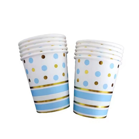 Set 10 Pahare, Flippy, Imprimeu cu Buline si Dungi, din Carton, 250 ml, 7.5 x 8.5 x 5.2 cm, Albastru/Auriu